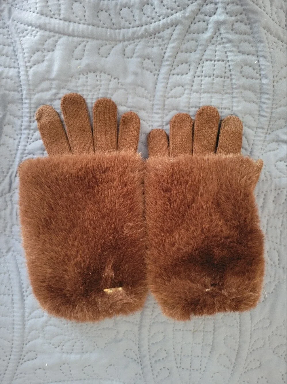 Steve Madden Faux Fur Brown Fingerless Gloves with Knit Fingers